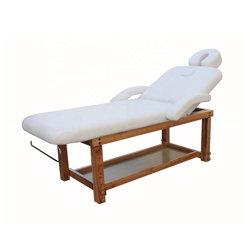 White Adjustable Height Stationary Massage Treatment Table Spa Bed with Storage
